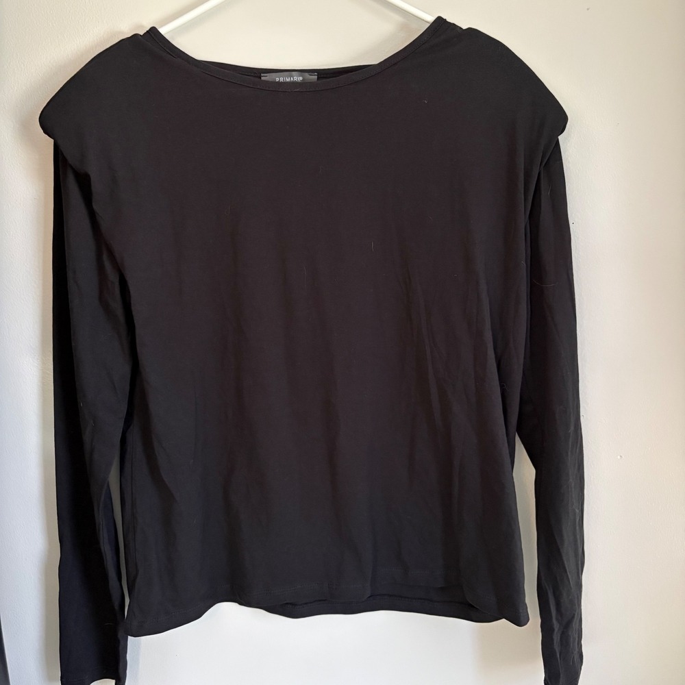 PRIMARK Black Long Sleeve Padded Shoulder T Shirt Top Size L